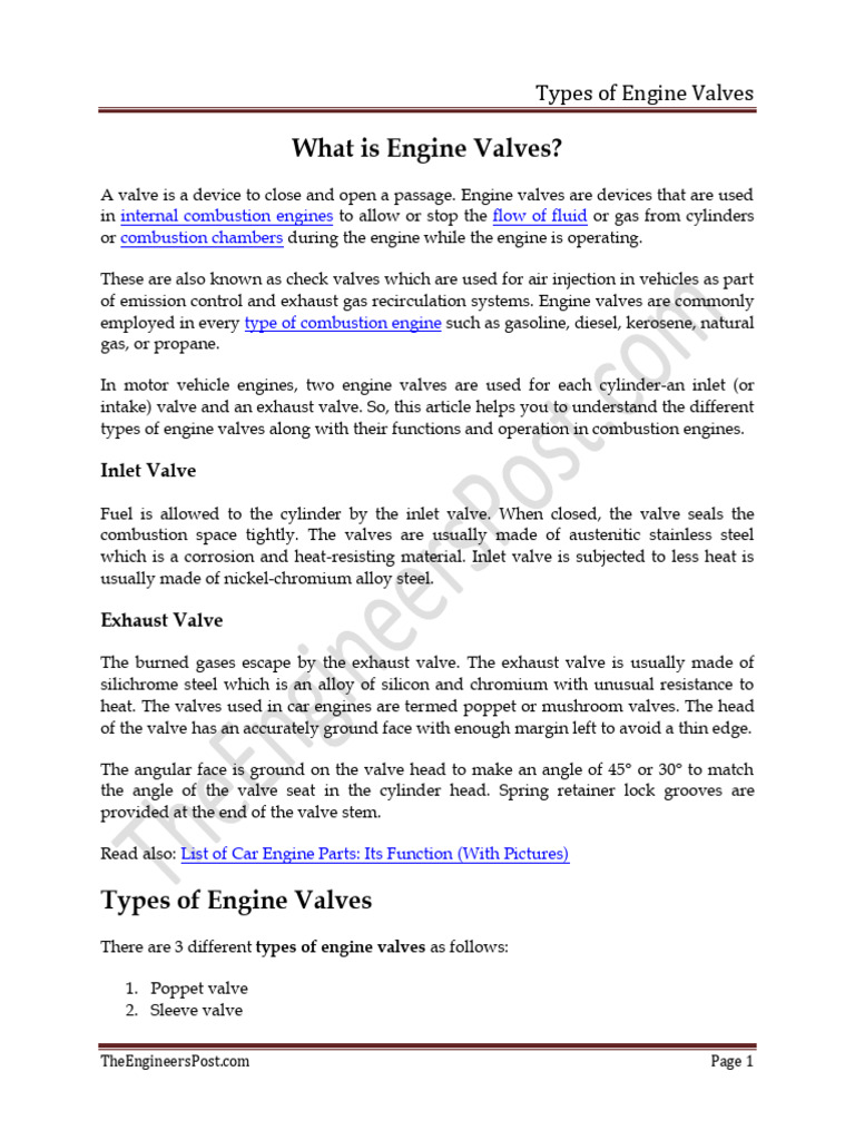 Types and Functions of Engine Valves | PDF | Internal Combustion Engine ...