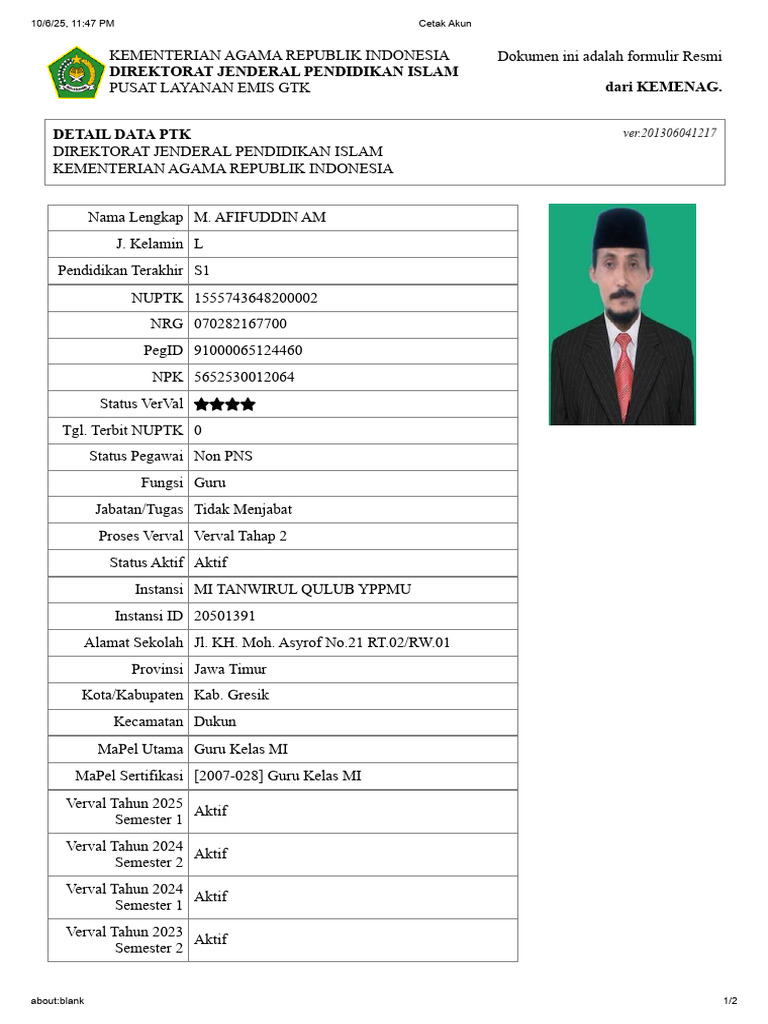 Data PTK Kemenag: M. Afifuddin AM | PDF