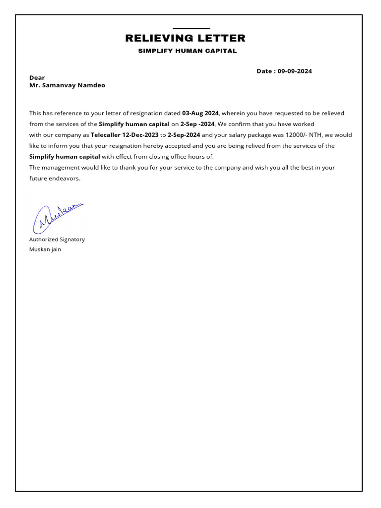 Resignation Acceptance and Relieving Letter | PDF