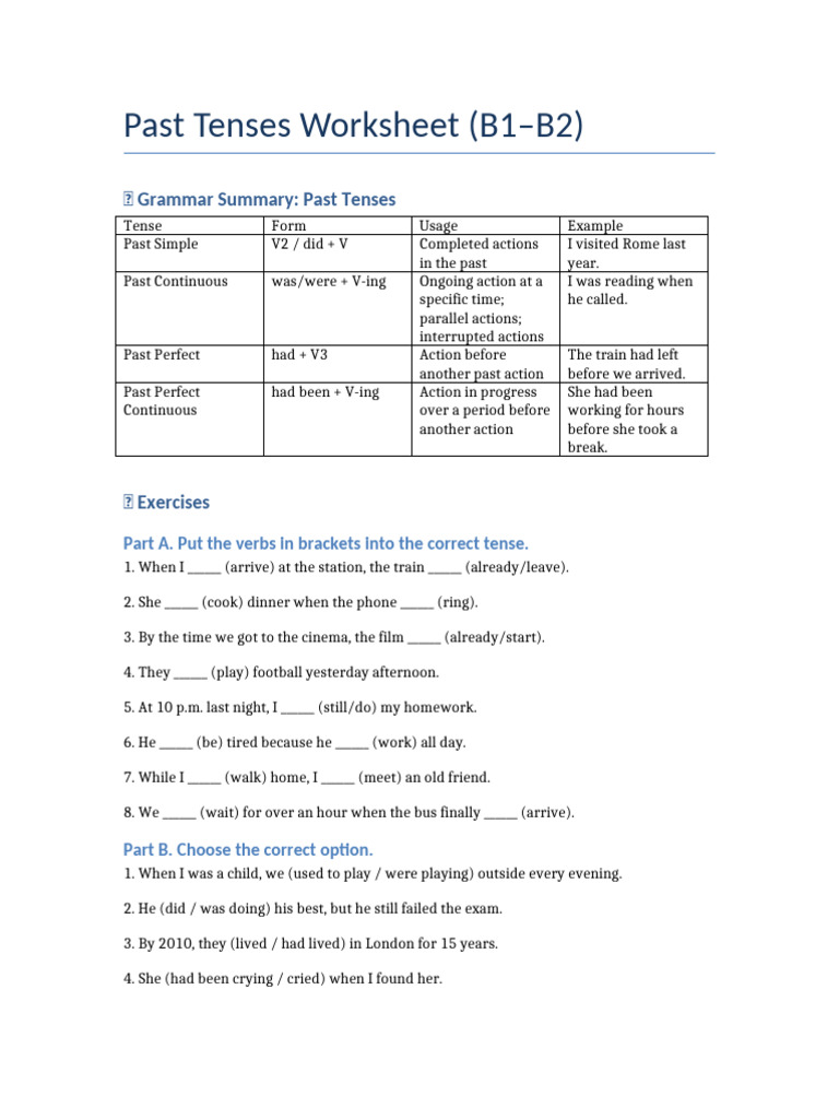 Past Tenses Worksheet for B1–B2 | PDF | Grammatical Tense | Language ...