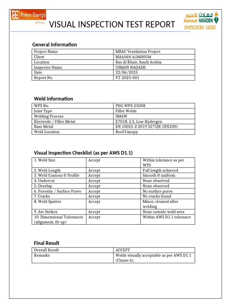 Visual Inspection Report for MBAC Project | PDF