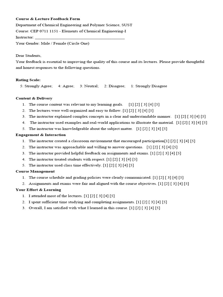 Course Lecture Feedback Form | PDF