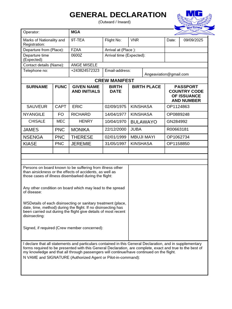 General Declaration for Flight VNR | PDF