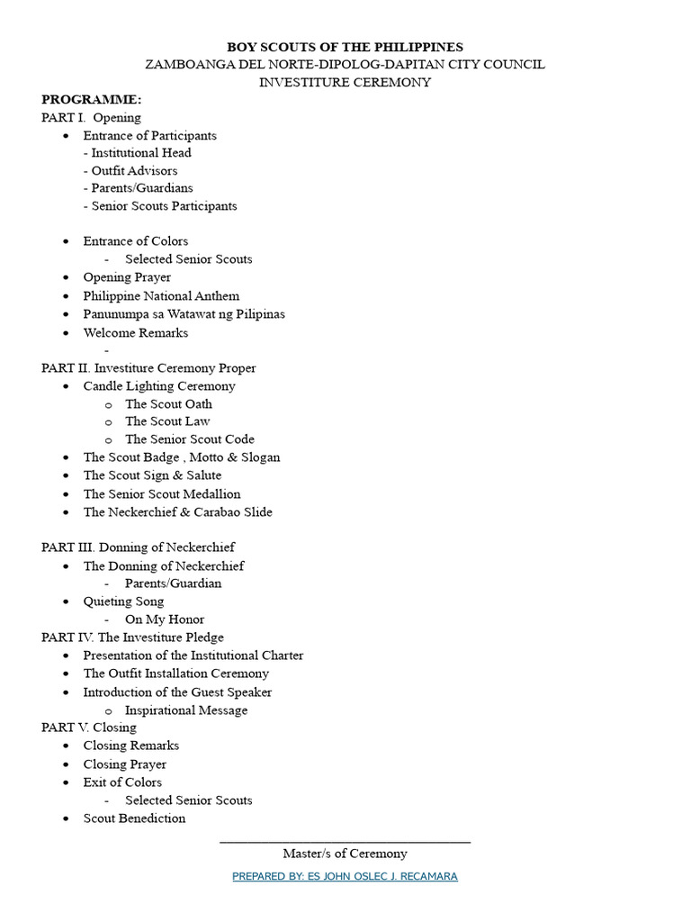 Campfire BSP Investiture Ceremony Guide | PDF | Scouting