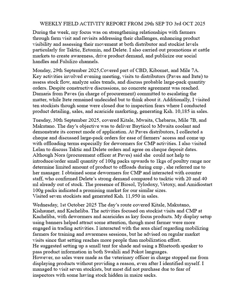 Weekly Field Activity Report From 29th Sep To 3rd Oct 2025 | PDF | Food ...