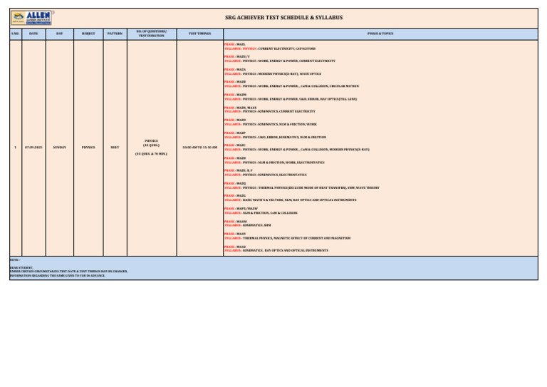 NEET Physics Test Schedule 2025 | PDF | Physics | Optics