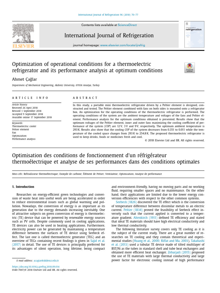 Optimization of Operational Conditions For A Thermoelectric ...