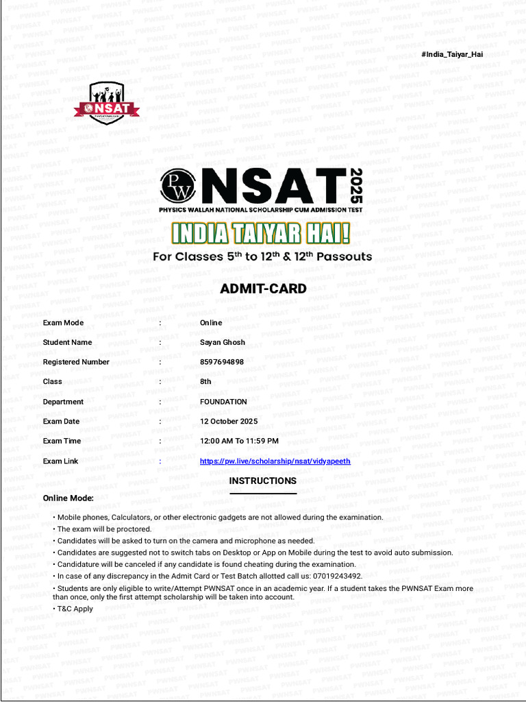 PWNSAT Exam Admit Card for 8th Grade | PDF