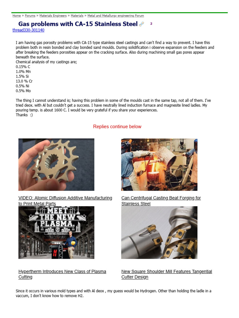 CA-15 Stainless Steel Gas Porosity Issues | PDF | Foundry | Physical ...