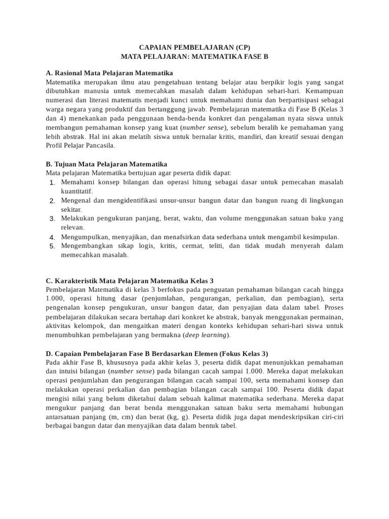 Capaian Pembelajaran Matematika Kelas 3 | PDF