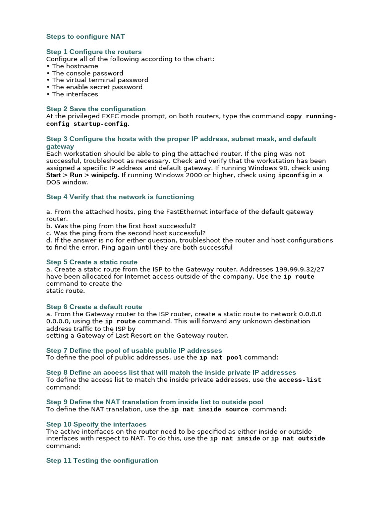 NAT Configuration Steps Guide | PDF | Ip Address | Router (Computing)