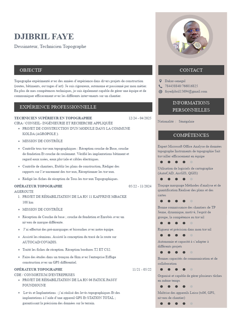 CV Topographe Expérimenté - Djibril Faye | PDF | Topographie