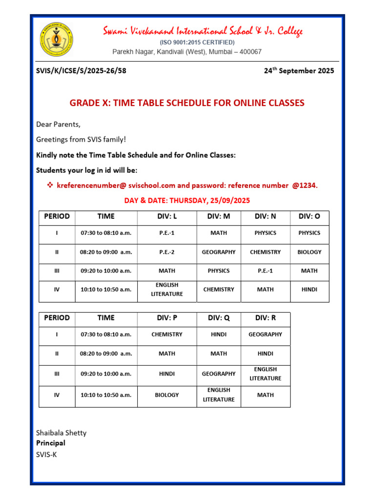 Grade X Online Class Timetable 2025 | PDF