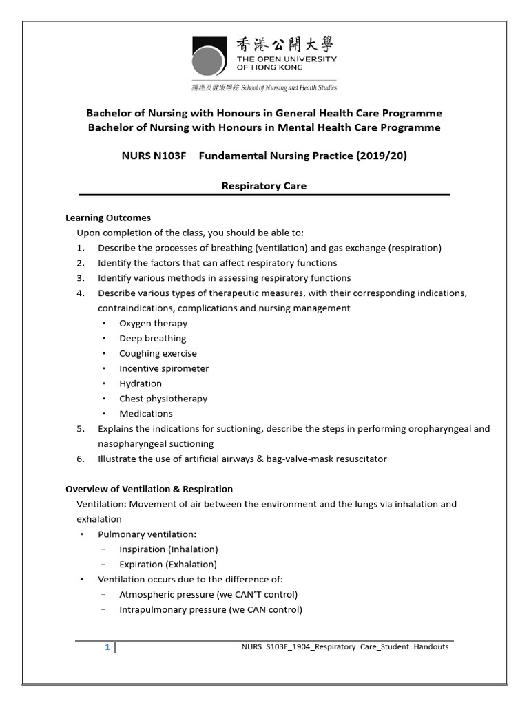Respiratory Care Student Handouts | PDF | Respiratory System | Lung