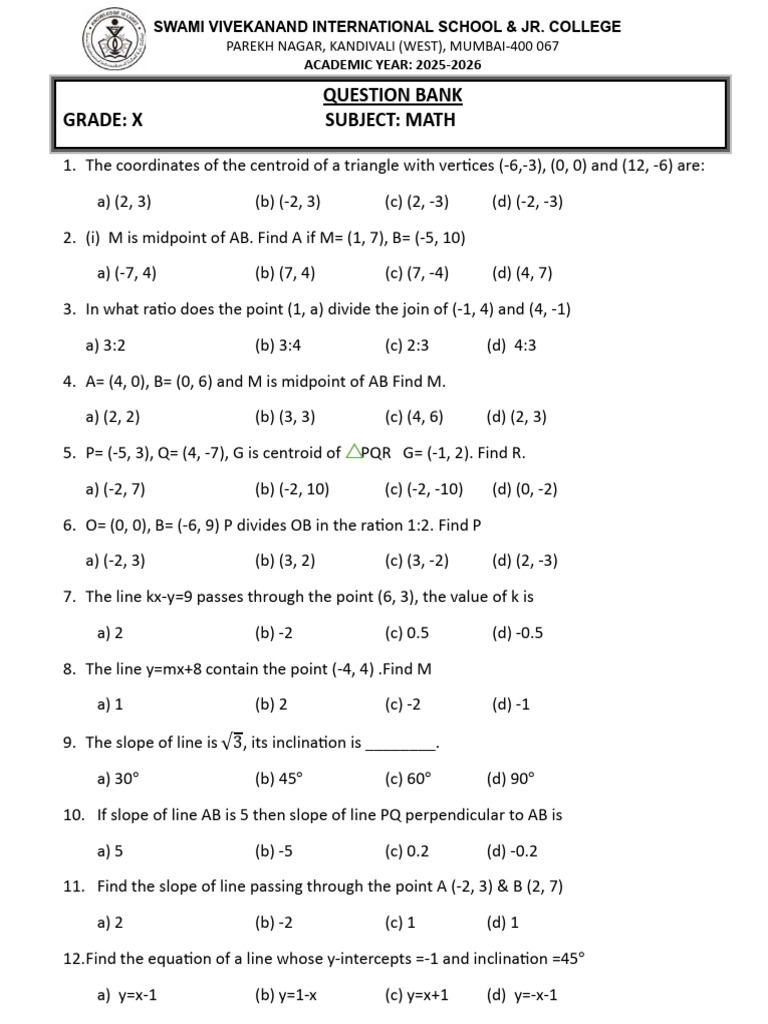 Grade X Math Question Bank 2025-2026 | PDF