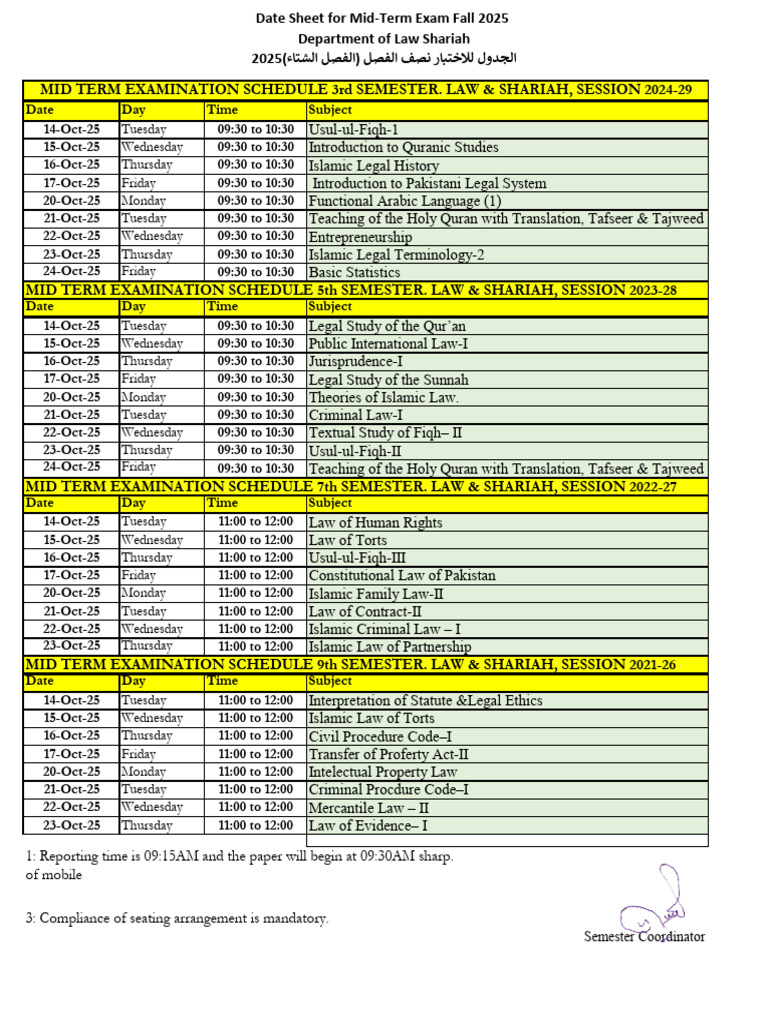 Datesheet Mid 2025 Latest | PDF | Sharia | Academic Term