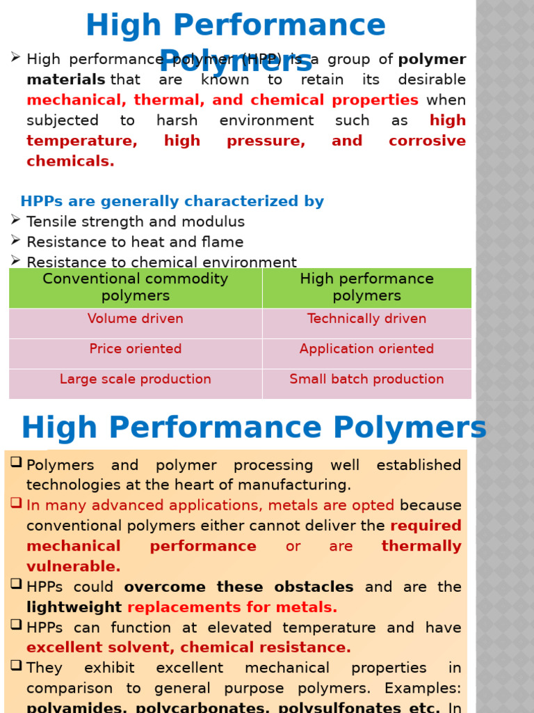 High Performance Polymers Overview | PDF | Poly(Methyl Methacrylate ...