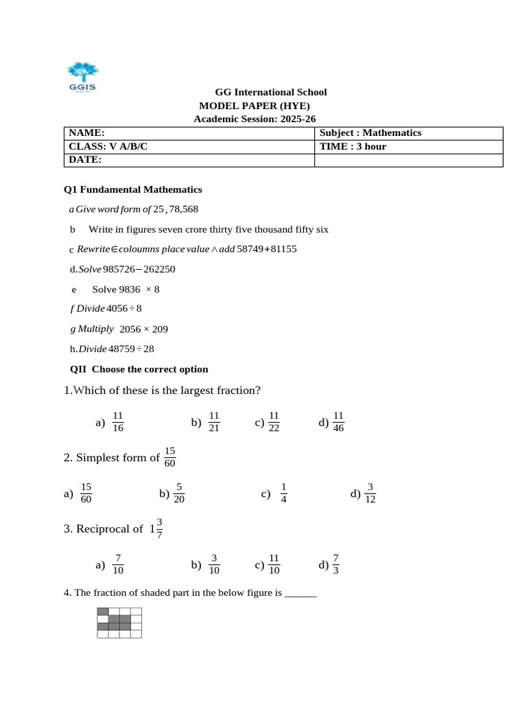 Class V Mathematics Model Paper 2025-26 | PDF | Number Theory | Mathematics