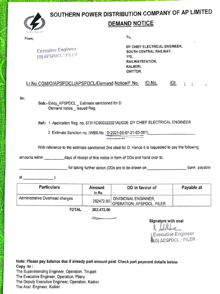 APSPDCL Demand Notice for Payment | PDF