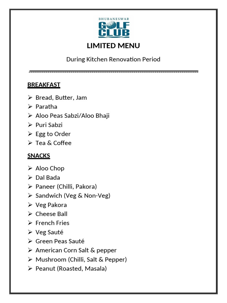 Menu During Kitchen Renovation | PDF