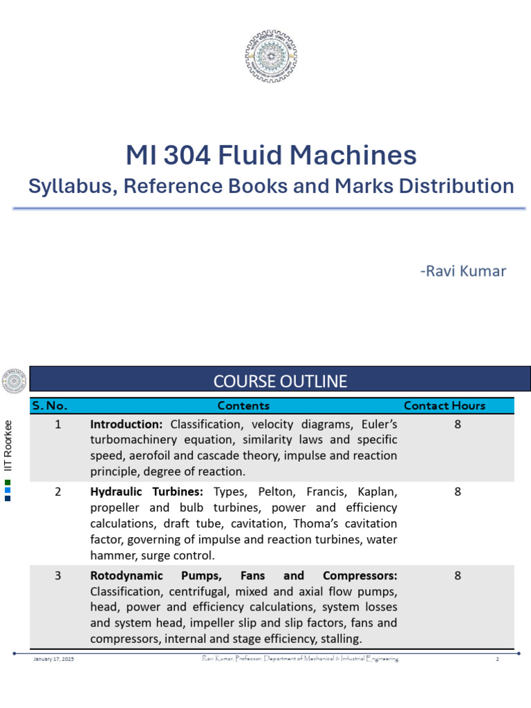 MI 304 Fluid Machines Course Syllabus | PDF | Pump | Liquids