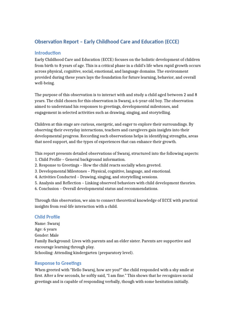 Observation Report on Child Development | PDF | Child Development ...