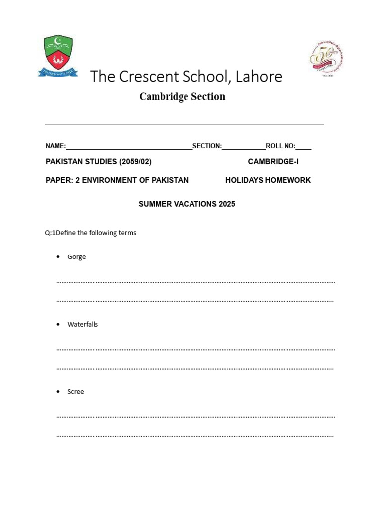 Pakistan Studies Summer Homework 2025 | PDF | Earth Sciences