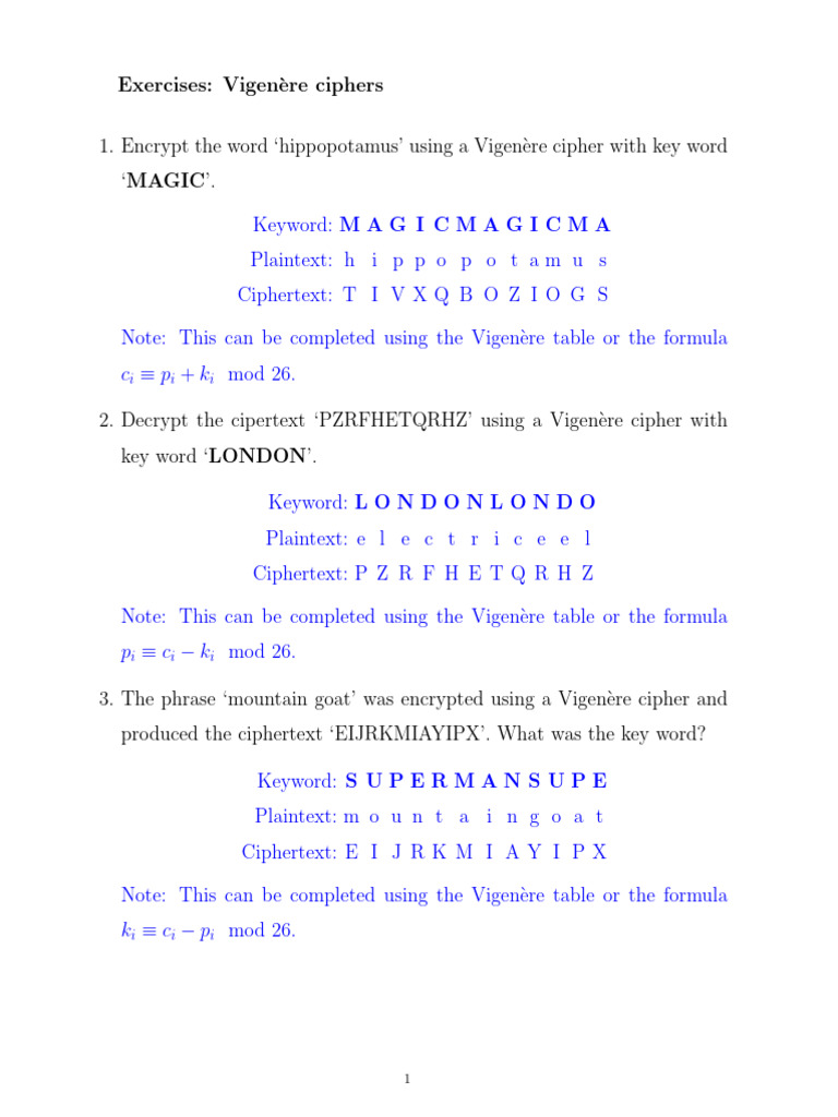 Vigenère Cipher Exercises and Formulas | PDF