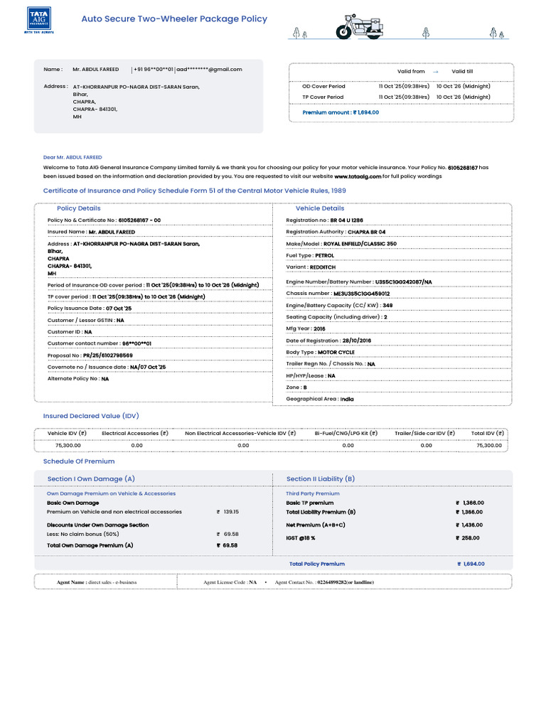 Motor Vehicle Insurance Policy Details | PDF | Insurance | Receipt