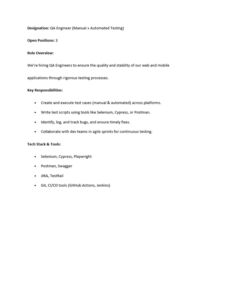 QA Engineer Intern JD | PDF