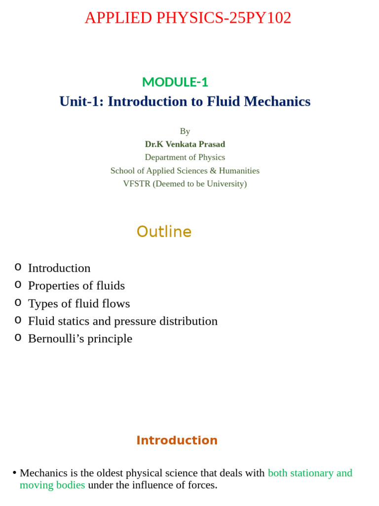Introduction to Fluid Mechanics Concepts | PDF | Fluid Dynamics | Viscosity