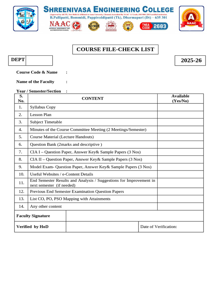 Course File Checklist for 2025-26 | PDF
