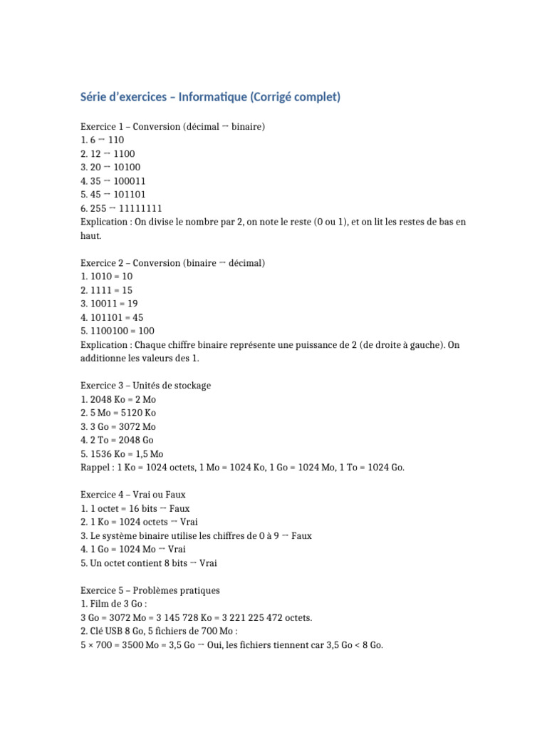Exercices d'informatique corrigés PDF | PDF