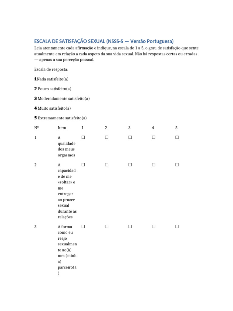 Escala de Satisfação Sexual NSSS-S | PDF | Relação sexual | Sexualidade ...