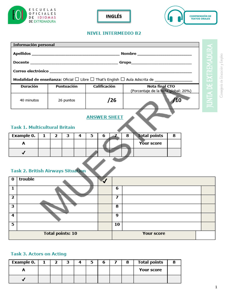 B2 English Listening Test Answer Sheet | PDF | English Language