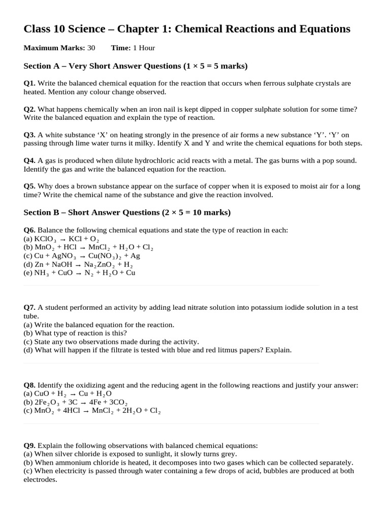 Class 10 Science: Chemical Reactions Guide | PDF | Chemical Reactions ...