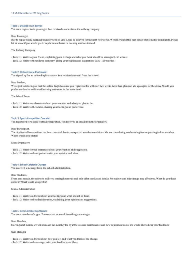 Multilevel Letter-Writing Topics Guide | PDF
