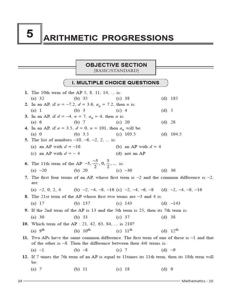 Arithmetic Progressions MCQs and Answers | PDF | Numbers | Mathematical ...