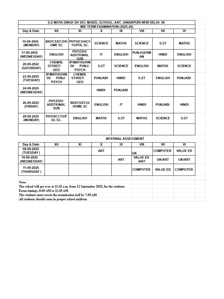 Mid Term Exam Datesheet 2025-26 | PDF