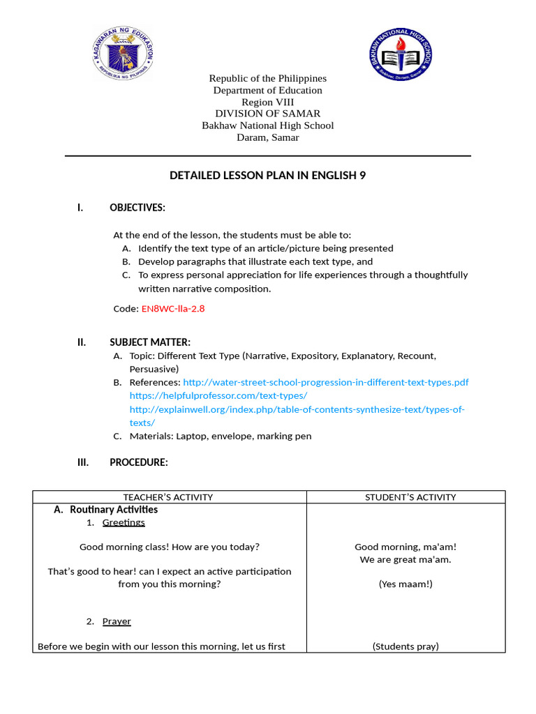 English 9 Lesson Plan: Text Types | PDF | Communication | Human ...