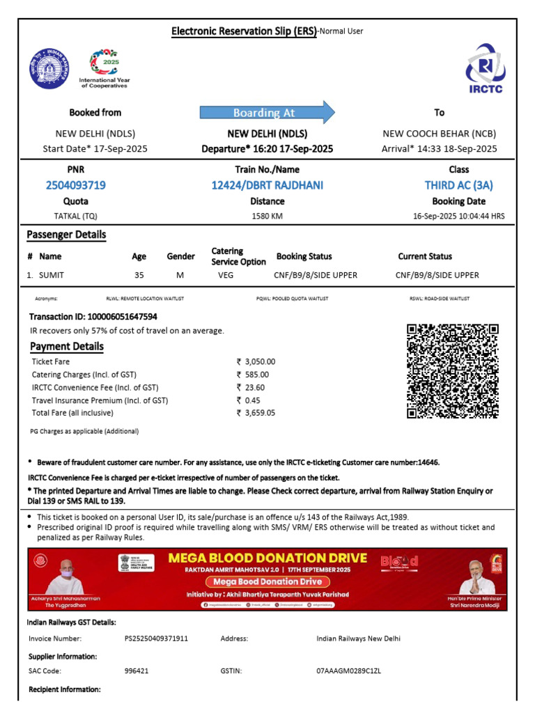 Rajdhani Train Ticket Confirmation | PDF | Identity Document