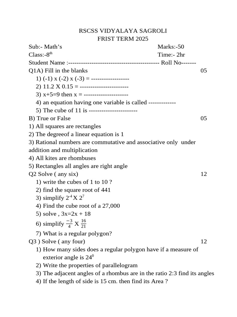 8th Grade Math Exam 2025 | PDF