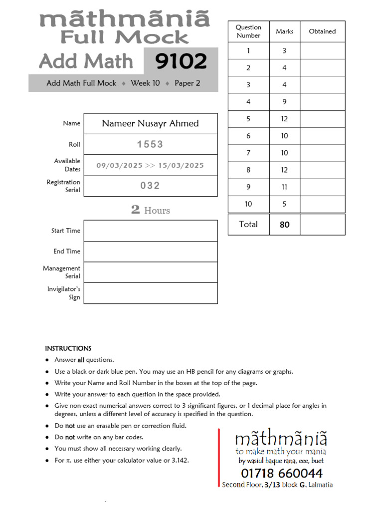 9102 Add Math Full Mock Week 10 Paper 2 | PDF | Trigonometric Functions ...