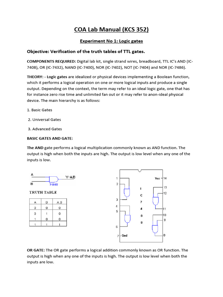 Logic Gates Experiment Guide | PDF