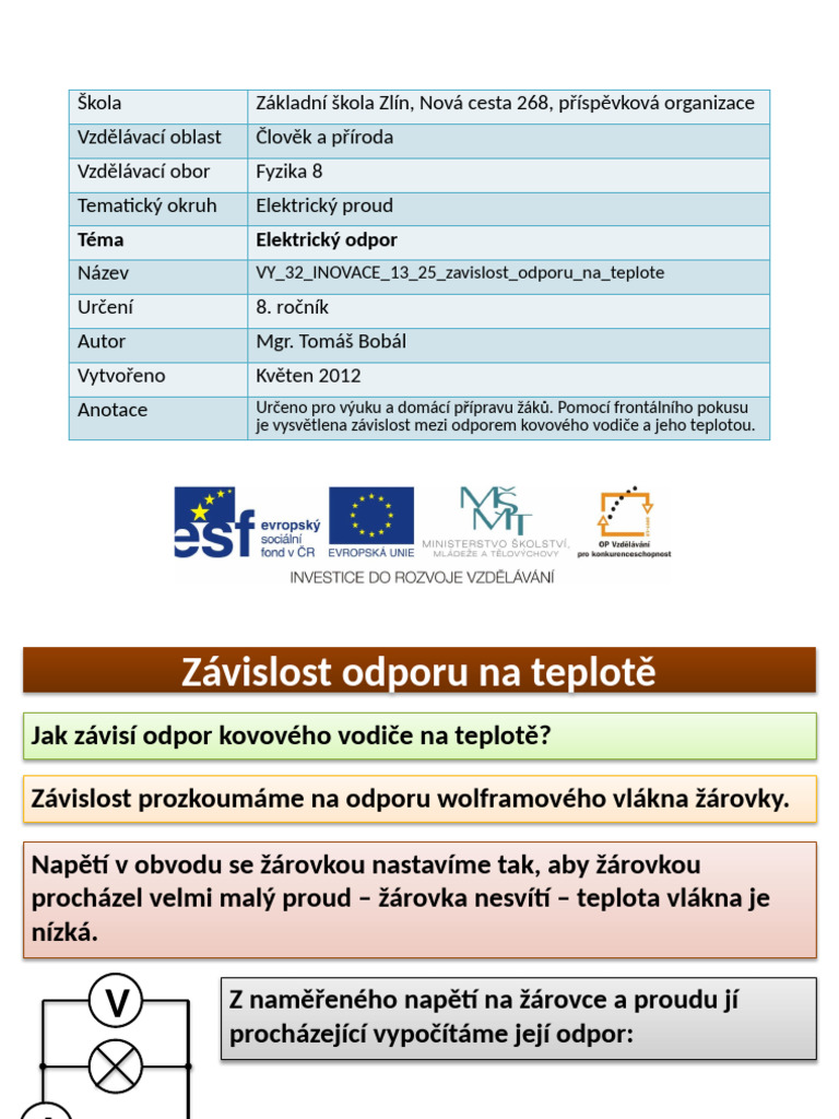 VY 32 INOVACE 13 25 Zavislost Odporu Na Teplote | PDF