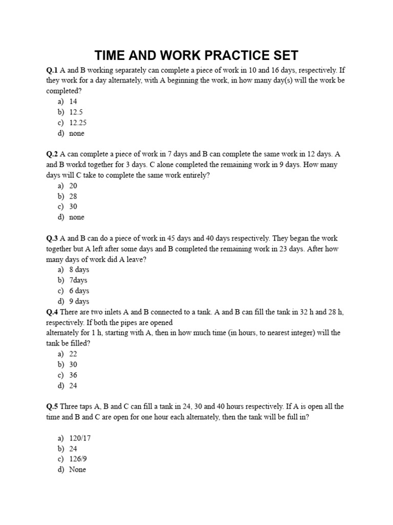 Time and Work Practice Questions | PDF