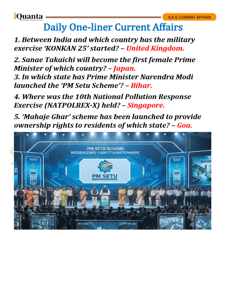 Daily One Liner Current Affairs - 09 October 2025 | PDF