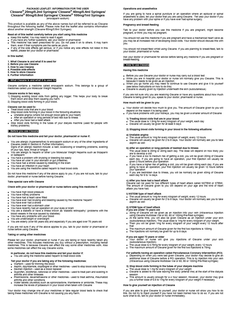 Clexane 30mg Usage and Precautions | PDF | Myocardial Infarction ...