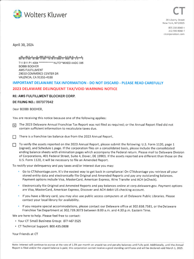 AMS Fulfillment Blocker Corp - 2023 Delaware Delinquent Tax | PDF