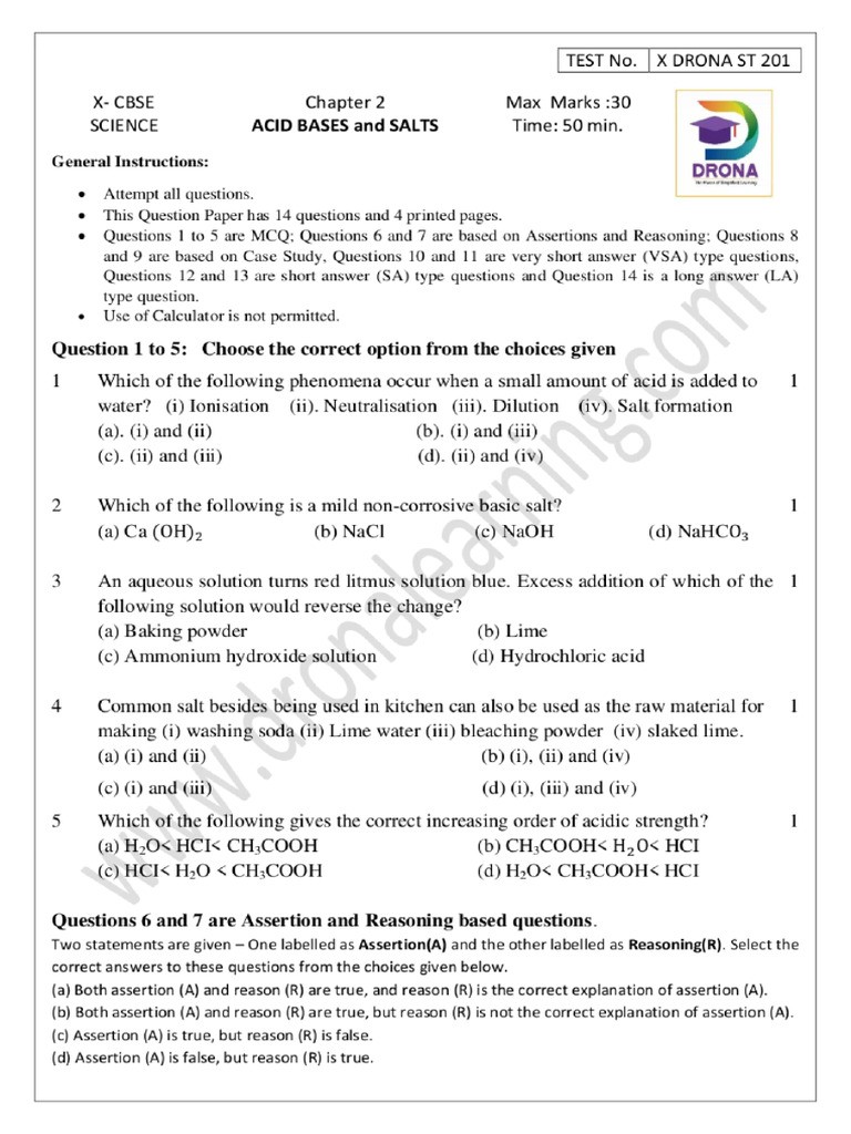 Science Test - 4 (Acids, Bases and Salts) | PDF
